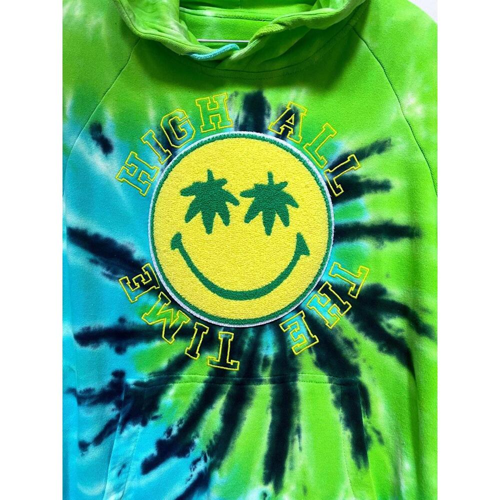 Smiley Hoodie Mens Large Drawstring Tie Dye Green Sweatshirt